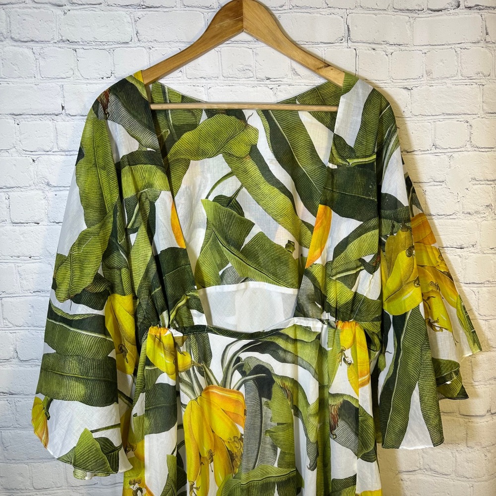 Farm Rio Banana Leaf Print Maxi Dress Green Yellow Open Back Kimono Sleeve‎ - Picture 6 of 12